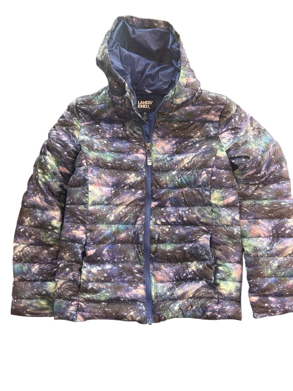 Lands' End Kids' Primaloft Blue Space Galaxy Print Puffer Jacket Size XL 14/16